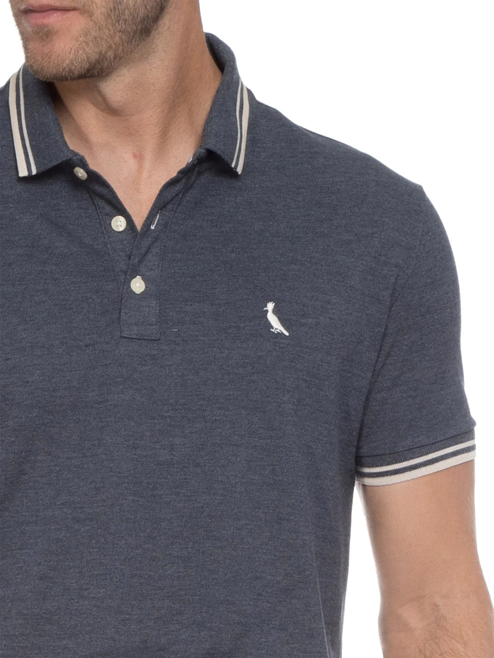 Polo Masculina Manga Curta  Friso Rajado Azul Reserva