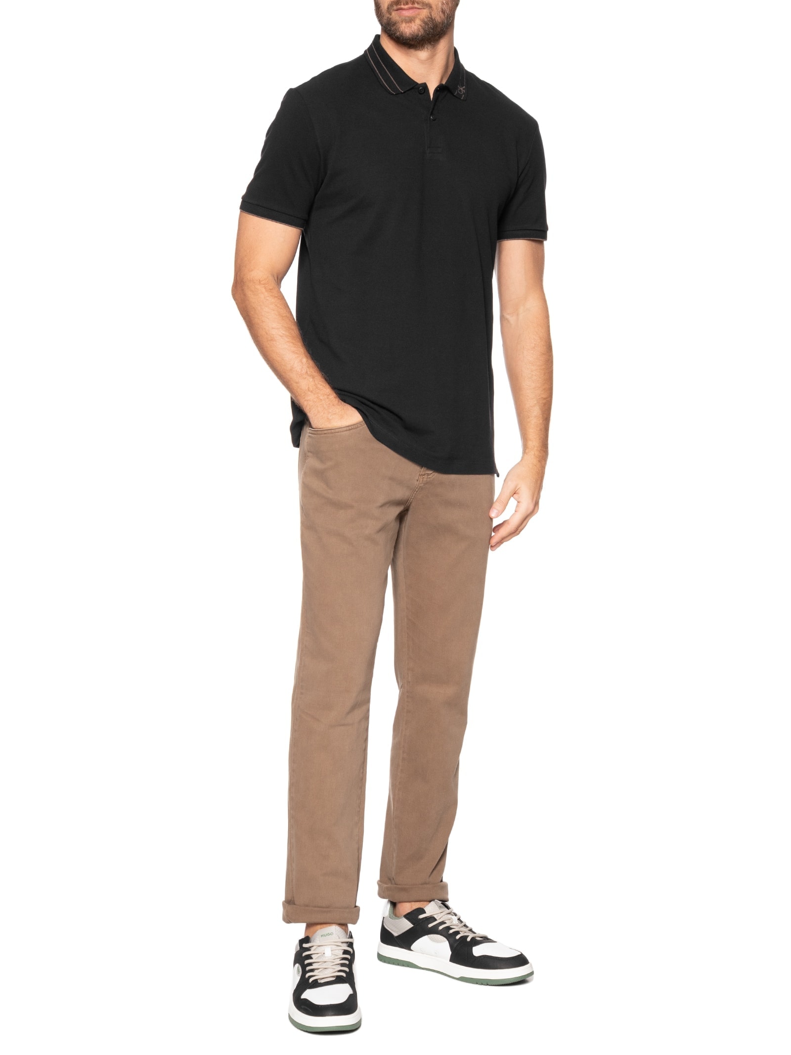 Polo Masculina Manga Curta Frisos Gola Preto Calvin Klein Jeans