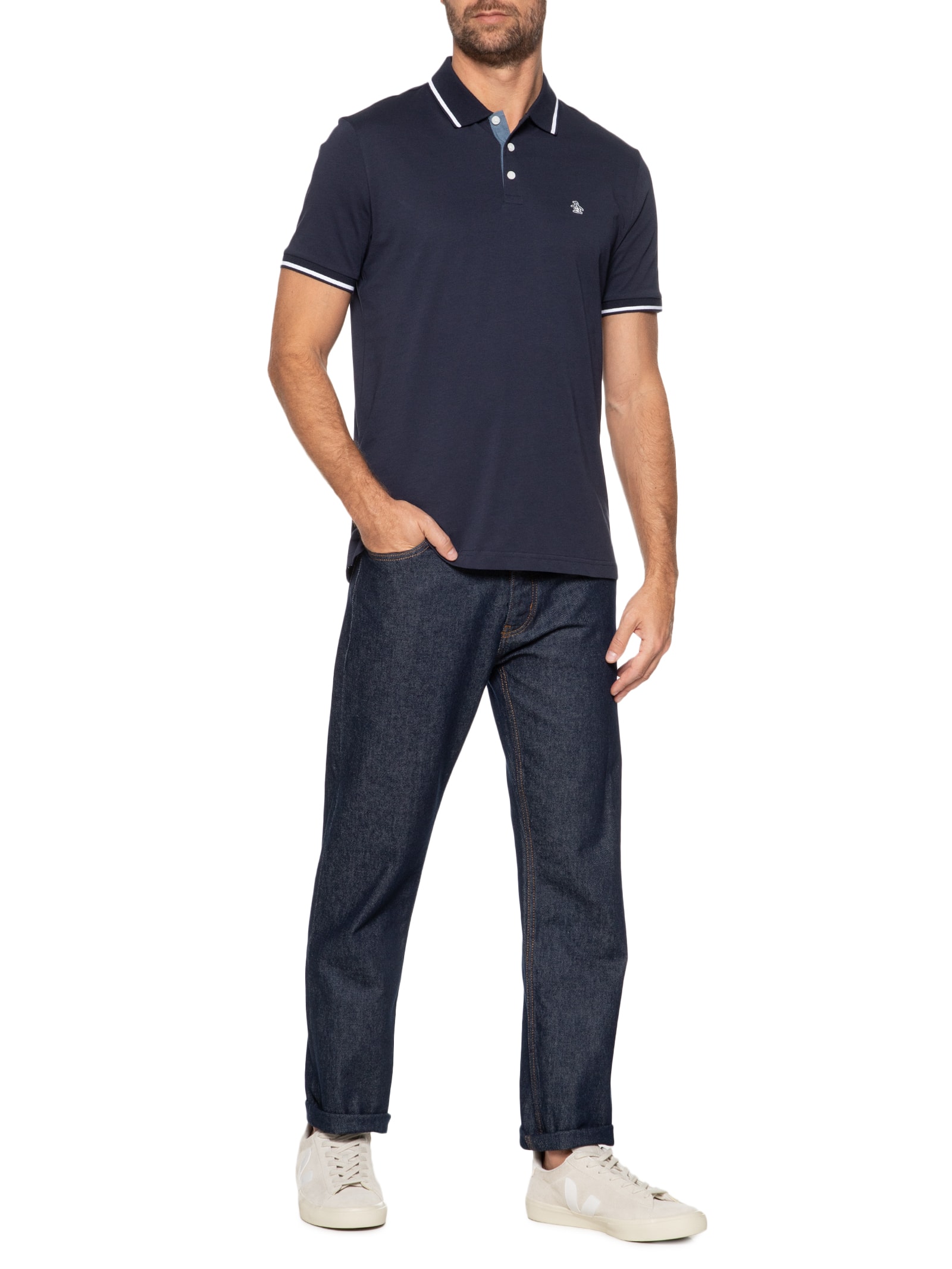 Original Penguin - Polo Masculina Manga Curta Jersey Lisa - Azul