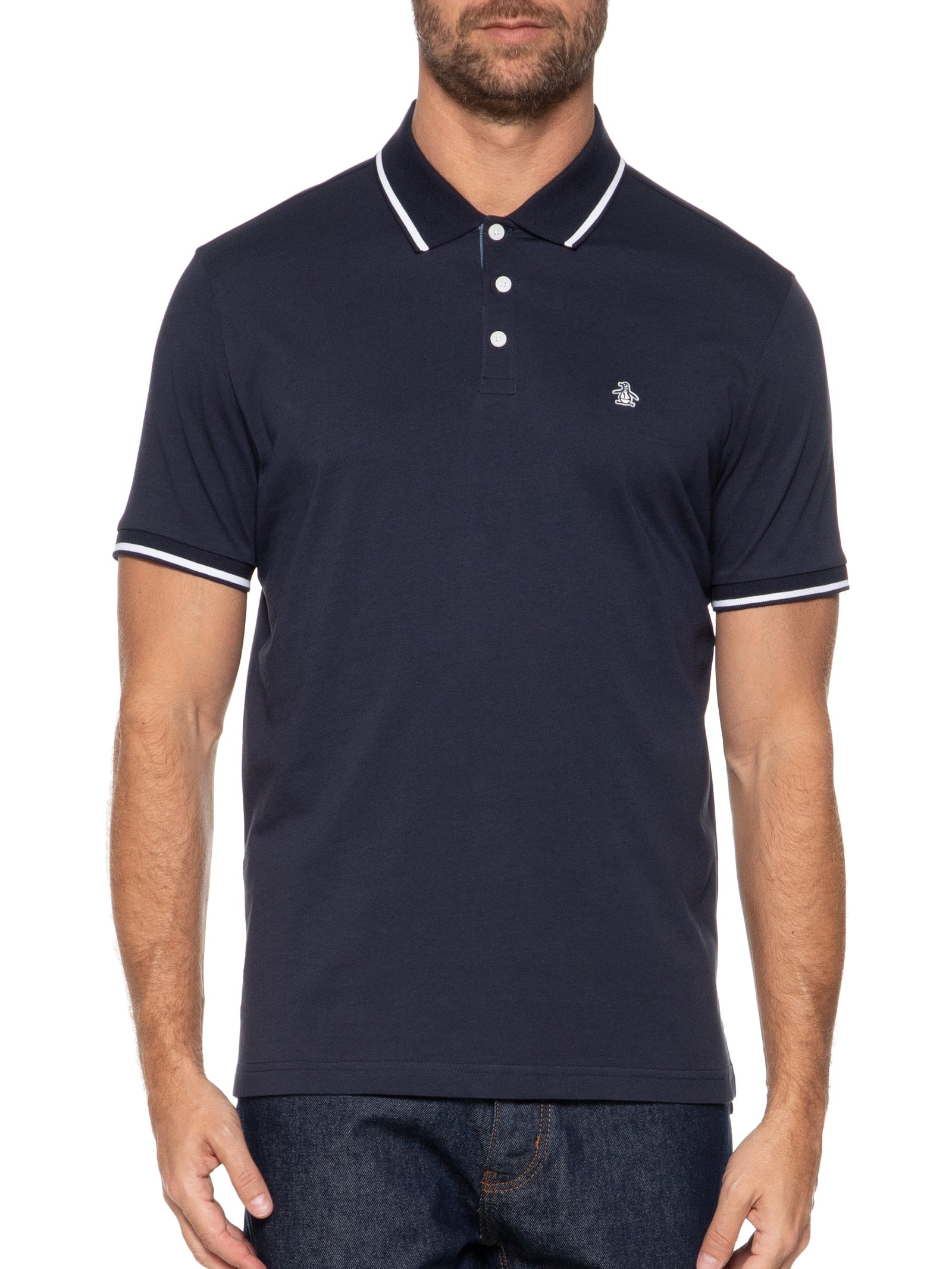 Polo Masculina Manga Curta Jersey Lisa Azul Original Penguin