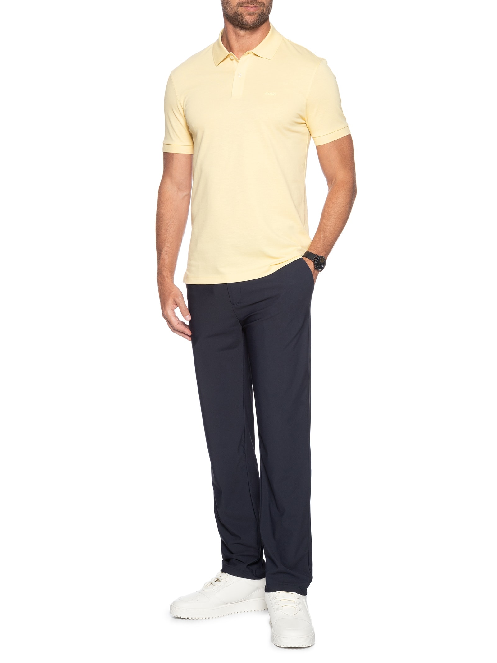 Polo Masculina Manga Curta Logo Bordado Amarelo Boss