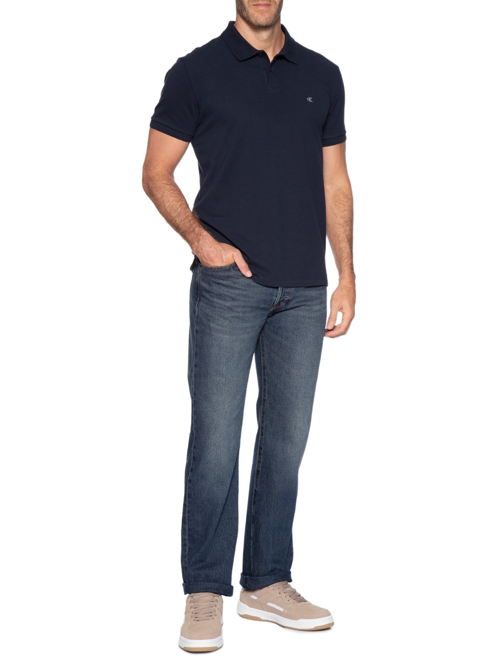 Polo Masculina Manga Curta Logo Bordado Azul Calvin Klein Jeans