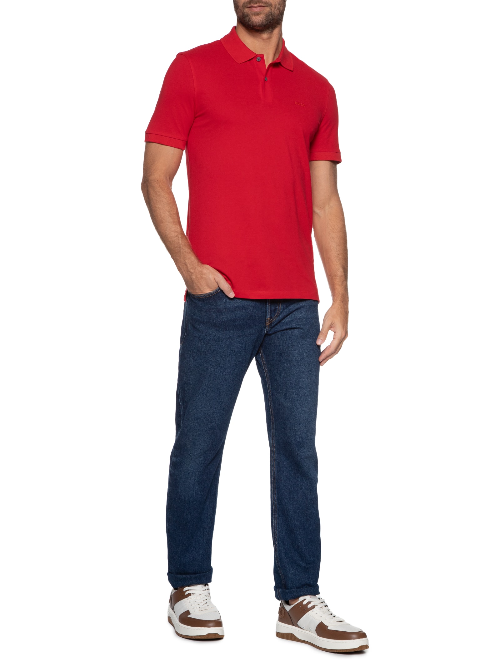Polo Masculina Manga Curta Logo Bordado Marrom  Boss