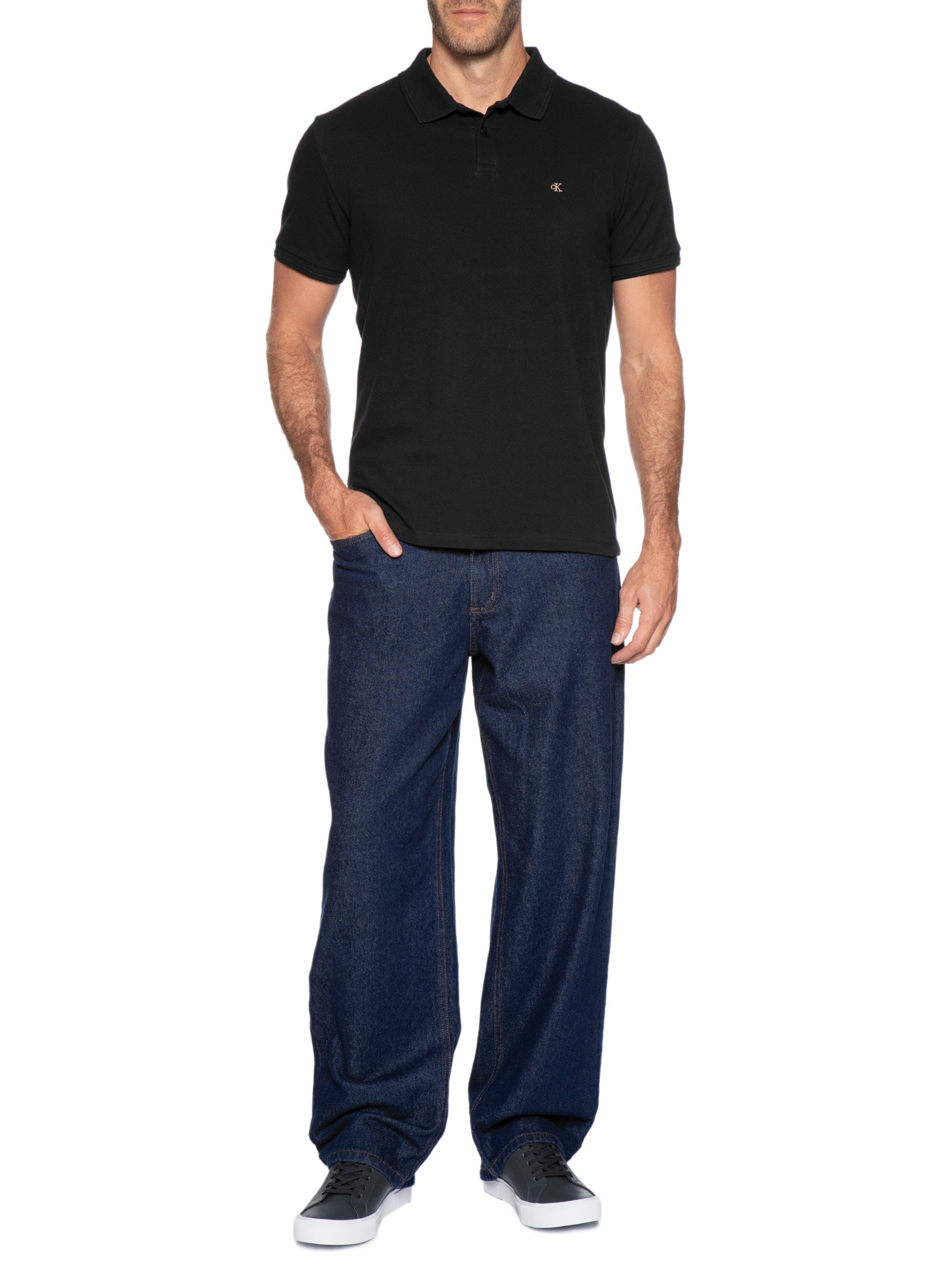 Polo Masculina Manga Curta Logo Bordado Preto Calvin Klein Jeans
