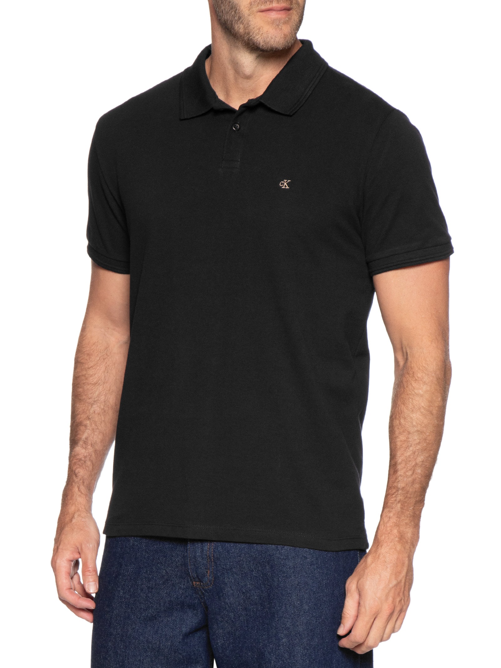 Polo Masculina Manga Curta Logo Bordado Preto Calvin Klein Jeans