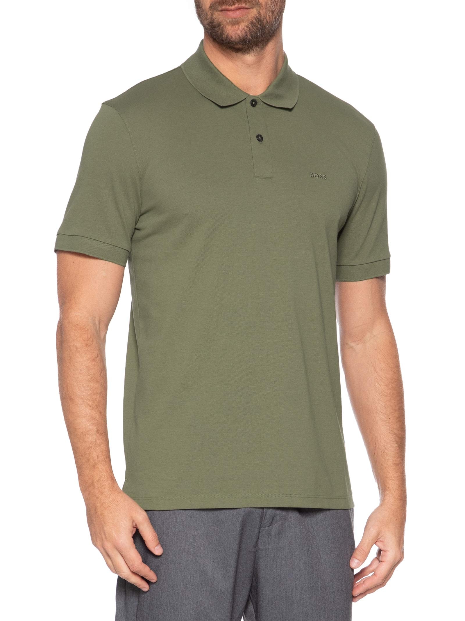 Polo Masculina Manga Curta Logo Bordado Verde Boss