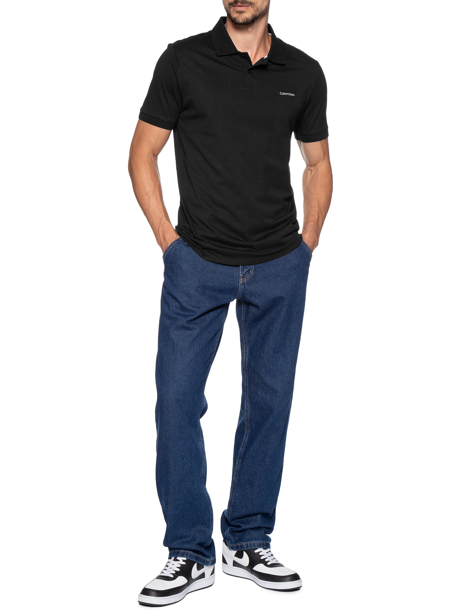 Polo Masculina Manga Curta Logo Silver Jersey Preto Calvin Klein - White Label