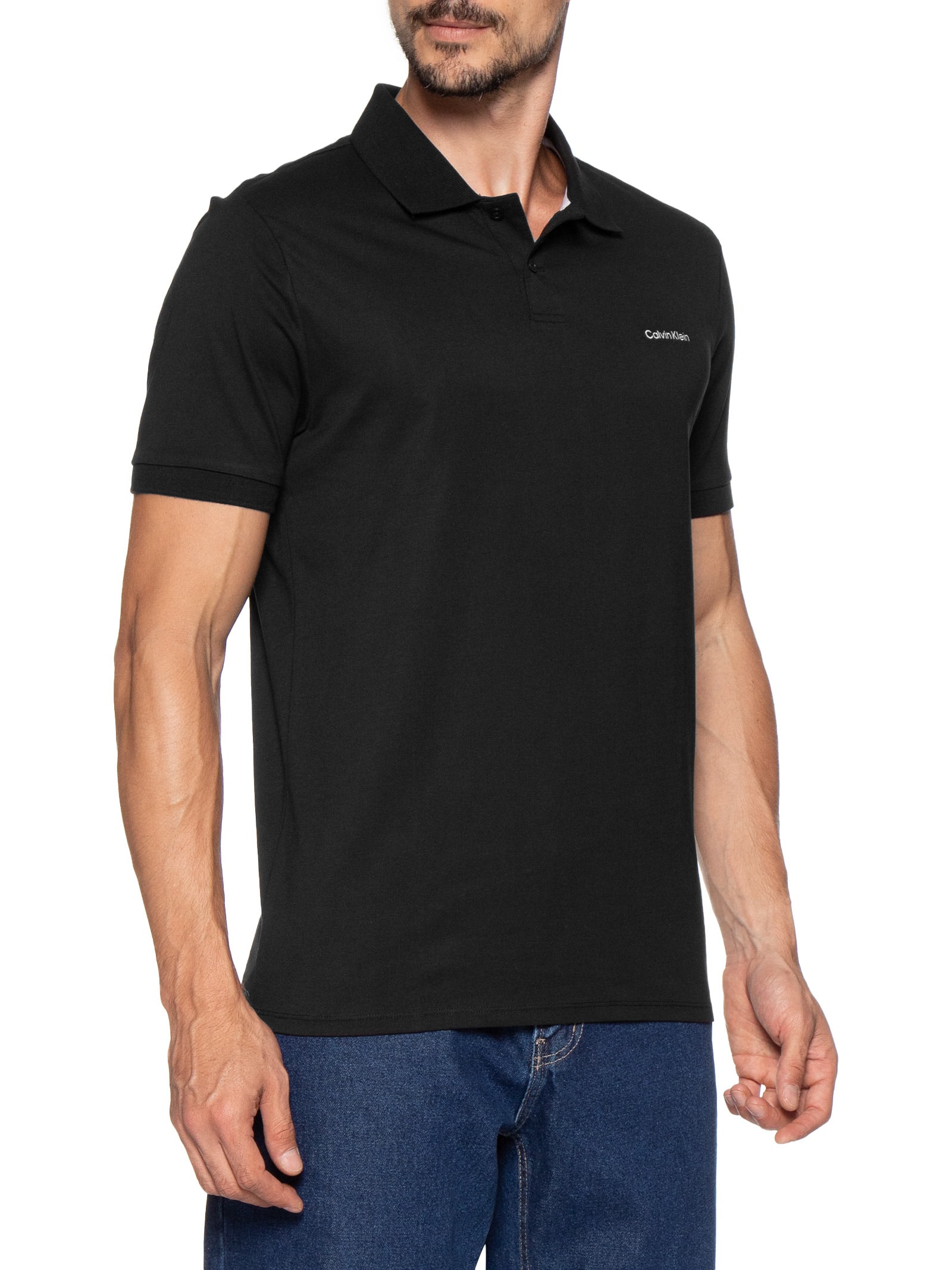 Polo Masculina Manga Curta Logo Silver Jersey Preto Calvin Klein - White Label