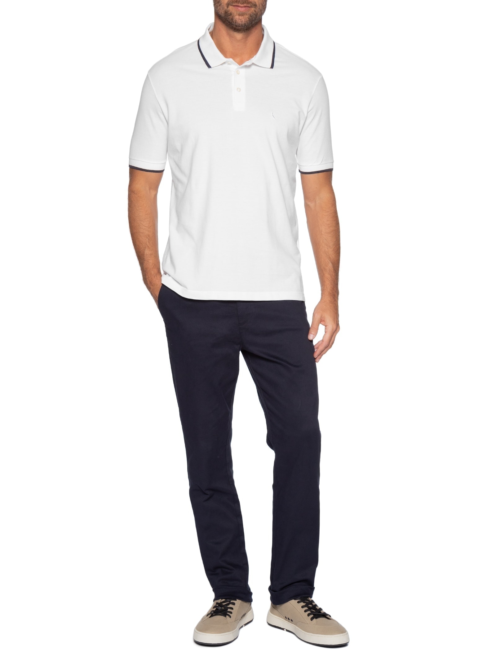 Polo Masculina Manga Curta Piquet Friso Branco Reserva
