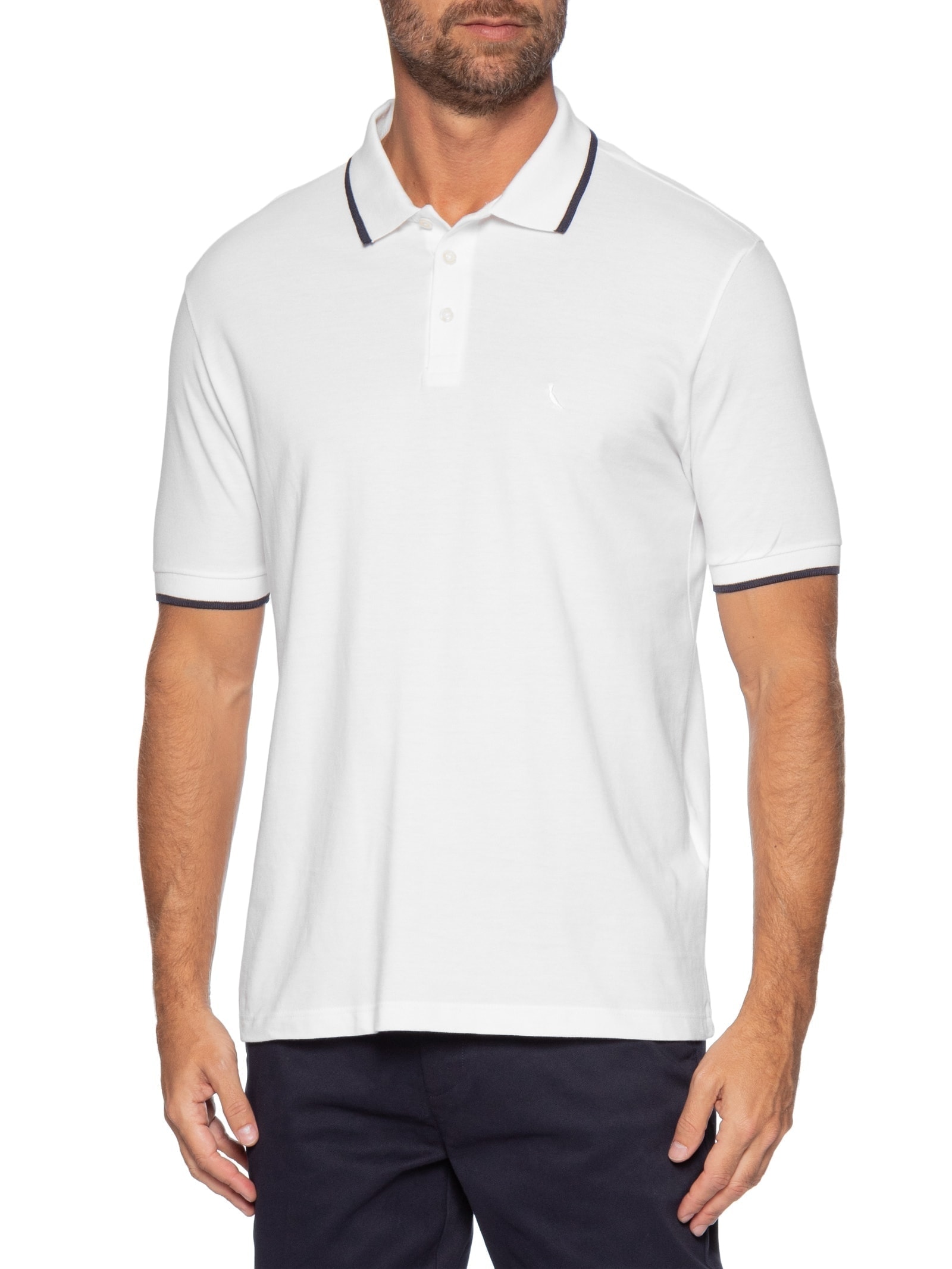 Polo Masculina Manga Curta Piquet Friso Branco Reserva