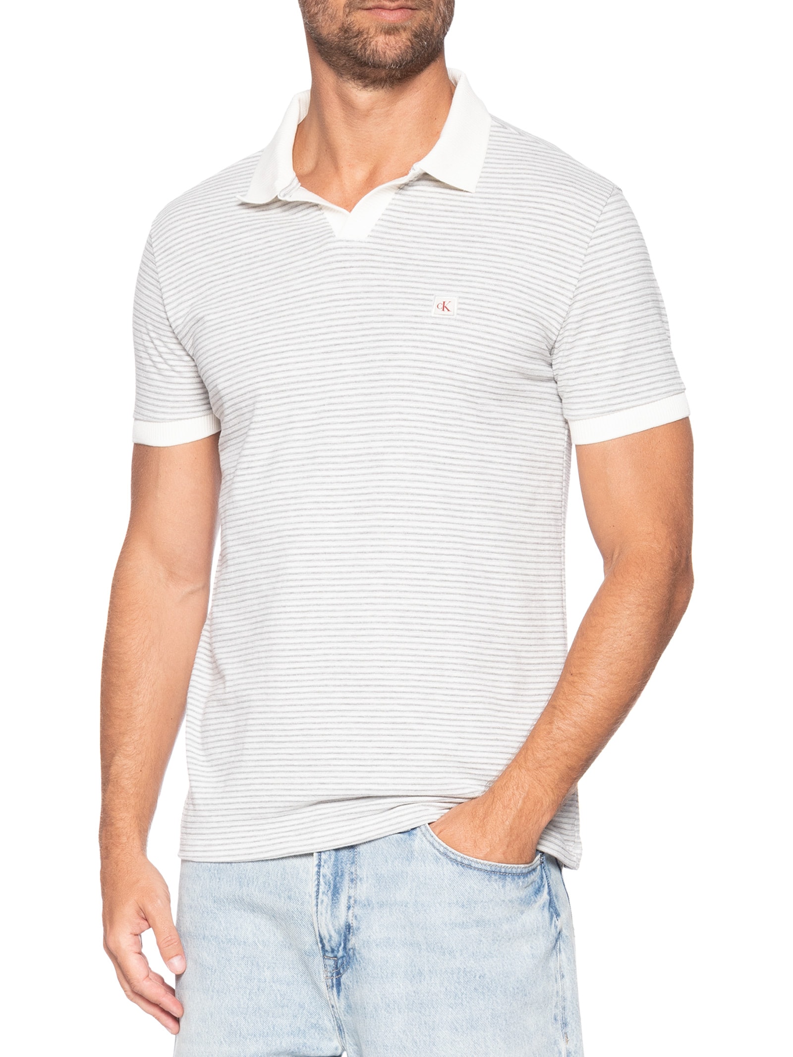 Polo Masculina Manga Curta Piquet Jacquard Branco Calvin Klein Jeans