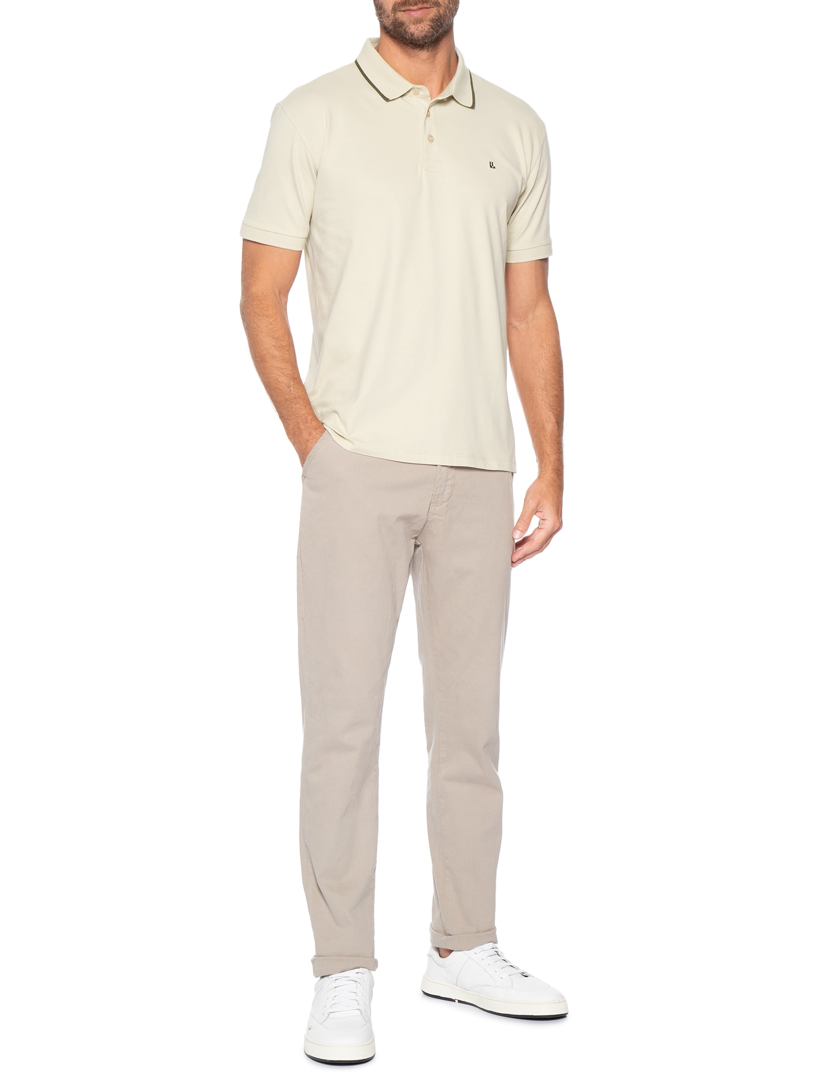 Polo Masculina Manga Curta Piquet Pima Friso Bege Foxton