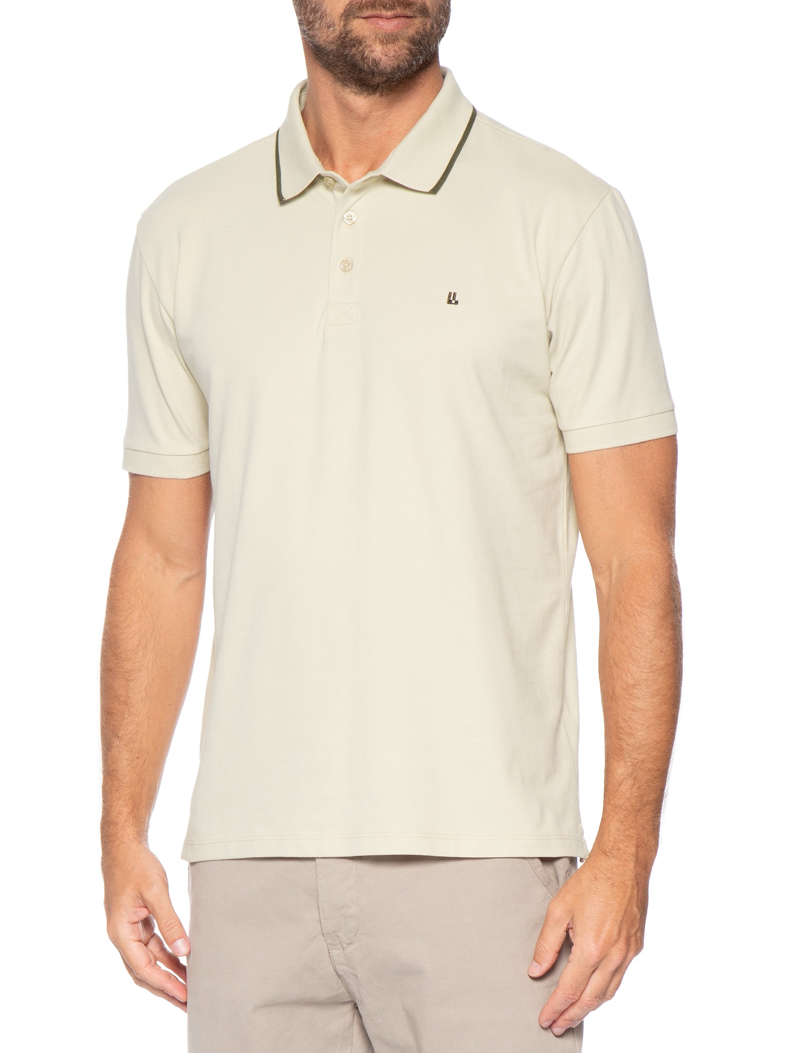 Polo Masculina Manga Curta Piquet Pima Friso Bege Foxton
