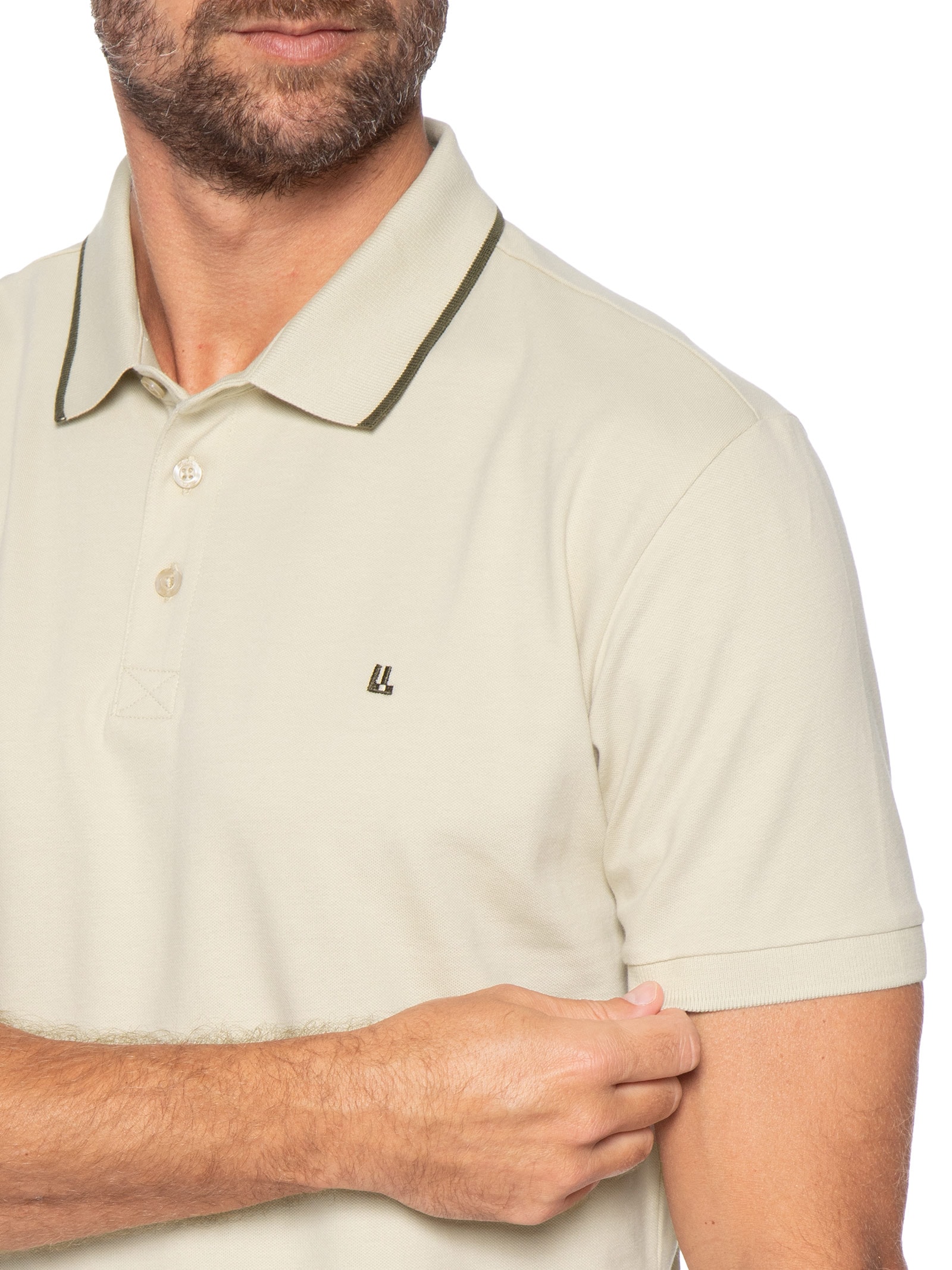 Polo Masculina Manga Curta Piquet Pima Friso Bege Foxton
