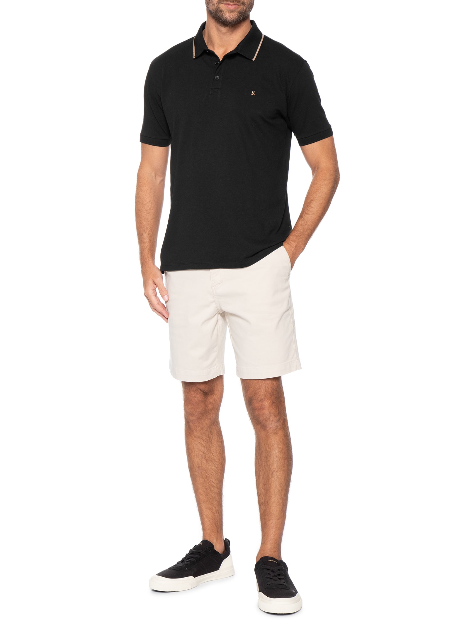 Polo Masculina Manga Curta Piquet Pima Friso Preto Foxton