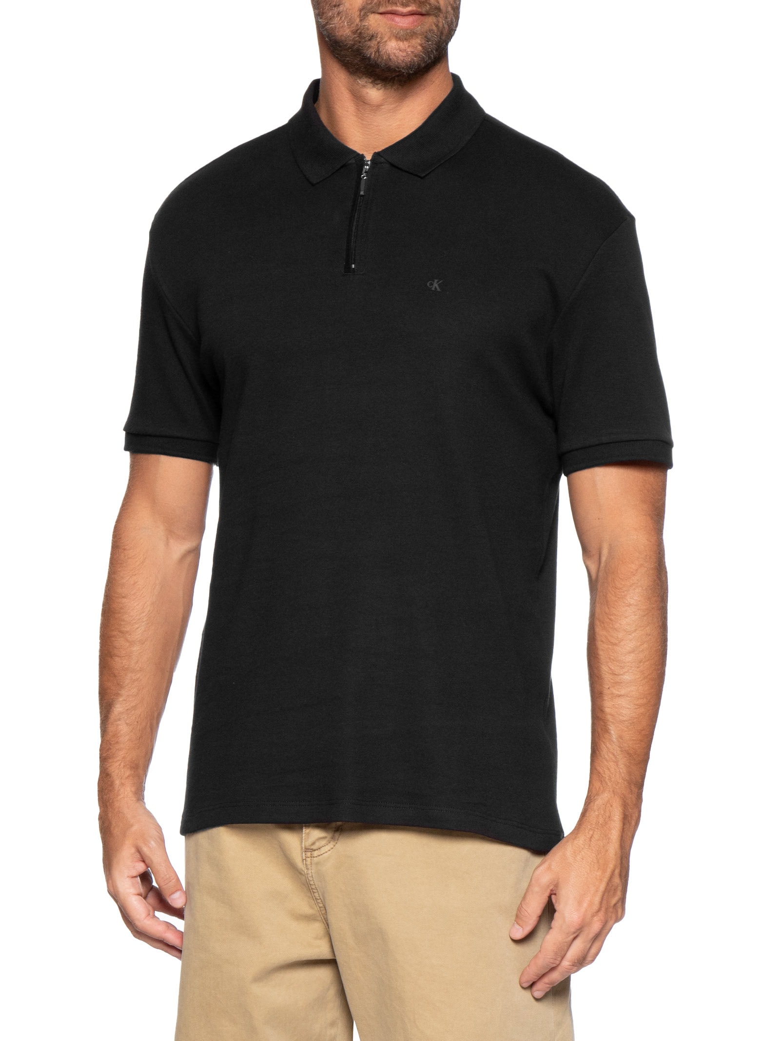 Polo Masculina Manga Curta Regular Suedine Com Zíper Preto Calvin Klein Jeans
