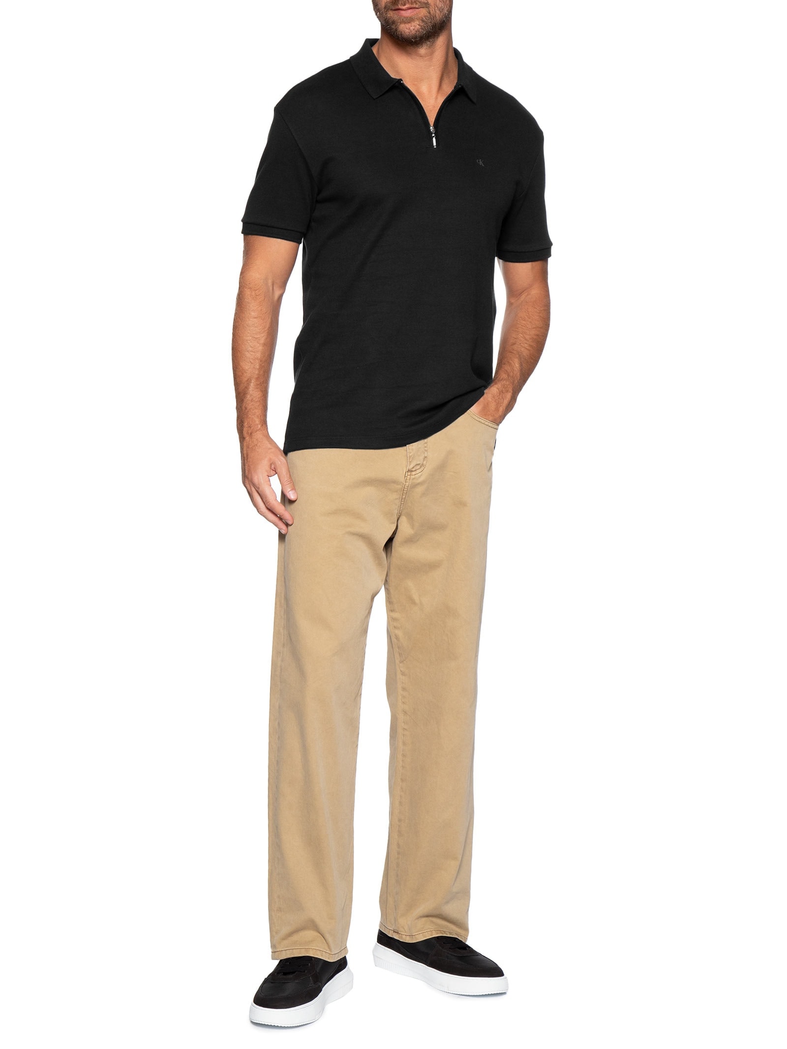 Polo Masculina Manga Curta Regular Suedine Com Zíper Preto Calvin Klein Jeans
