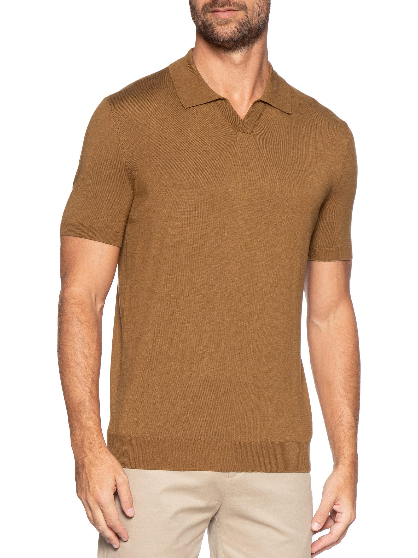 Polo Masculina Manga Curta Tricot Tencel Marrom Oficina Reserva