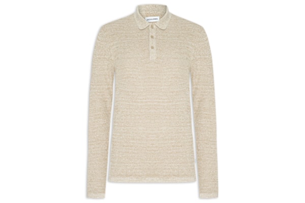 Polo Masculina Manga Longa Em Tricot - Bege