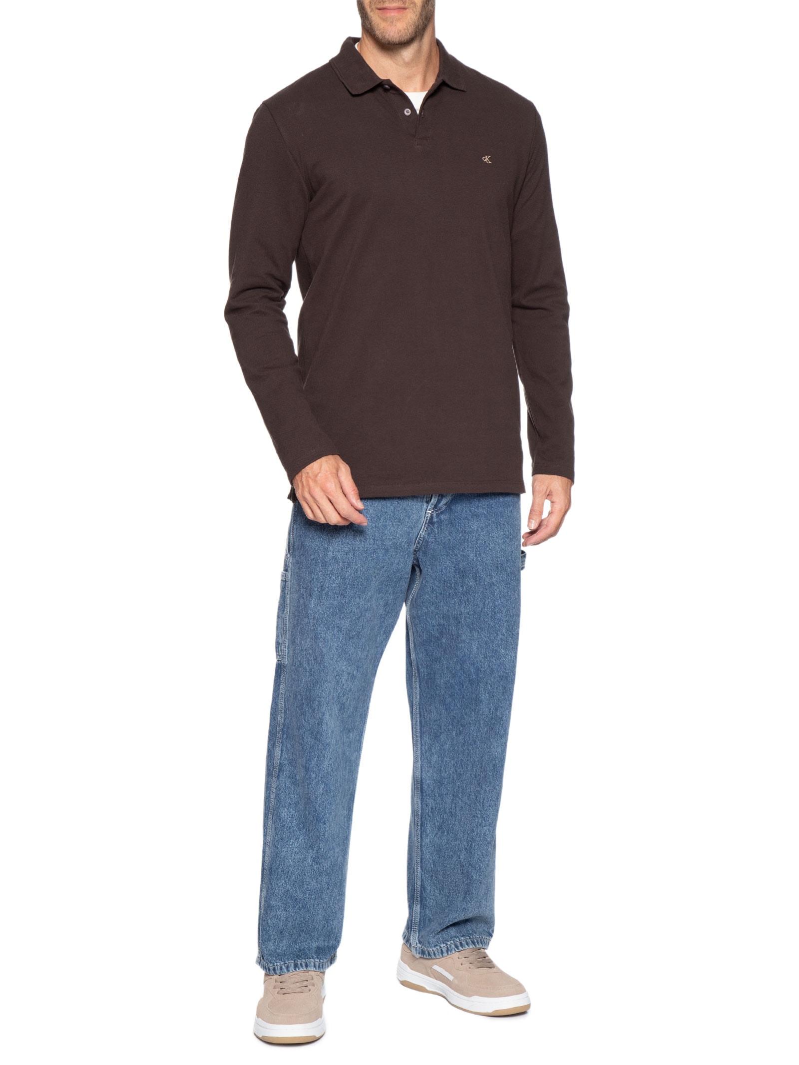 Polo Masculina Manga Longa Regular CK Bordado Marrom Calvin Klein Jeans