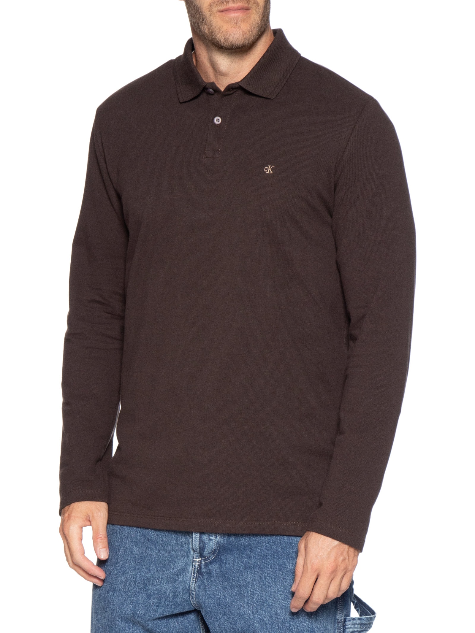 Polo Masculina Manga Longa Regular CK Bordado Marrom Calvin Klein Jeans