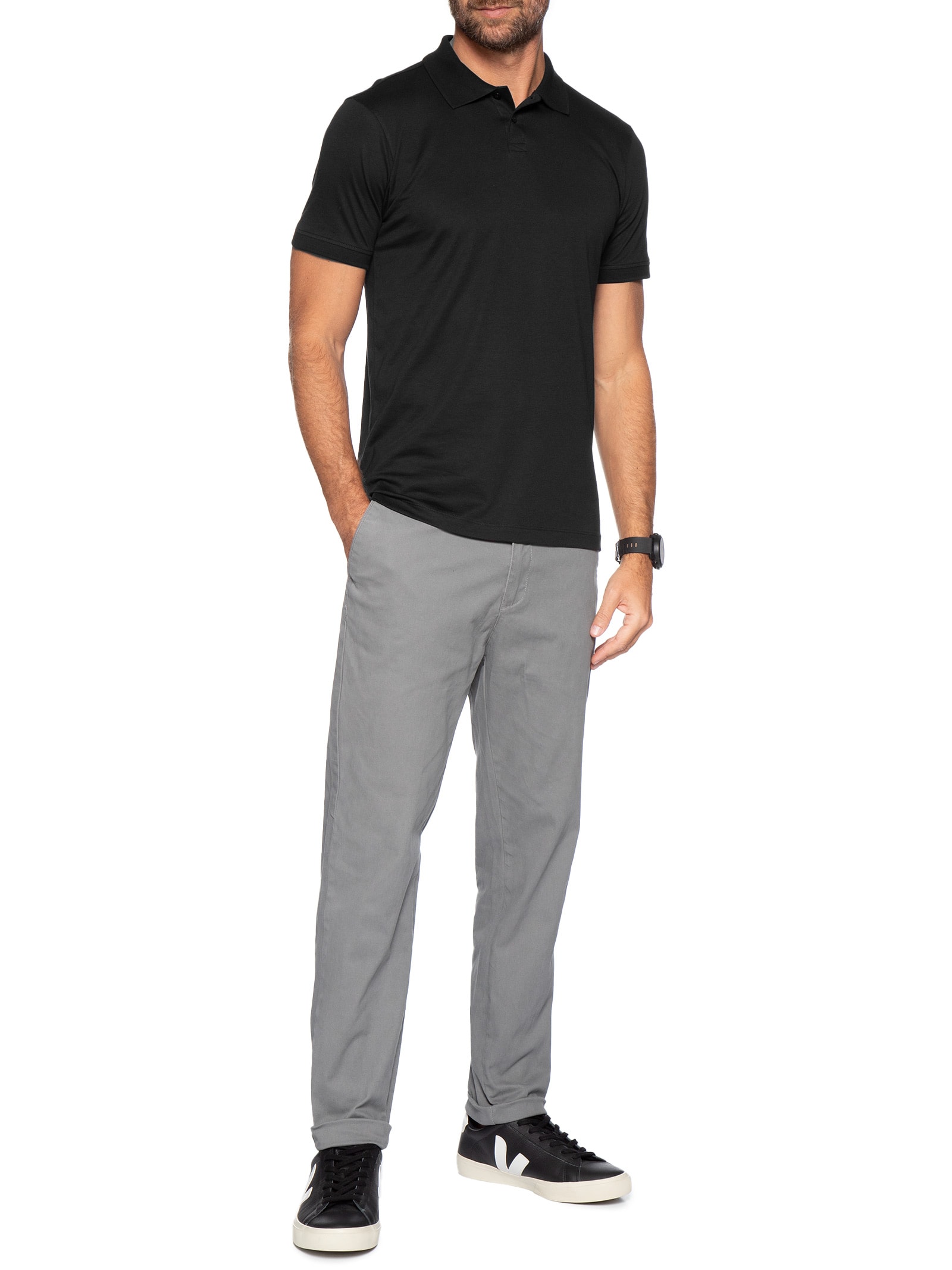 Polo Masculina Pima Manga Curta Slim Preto '2 Essential