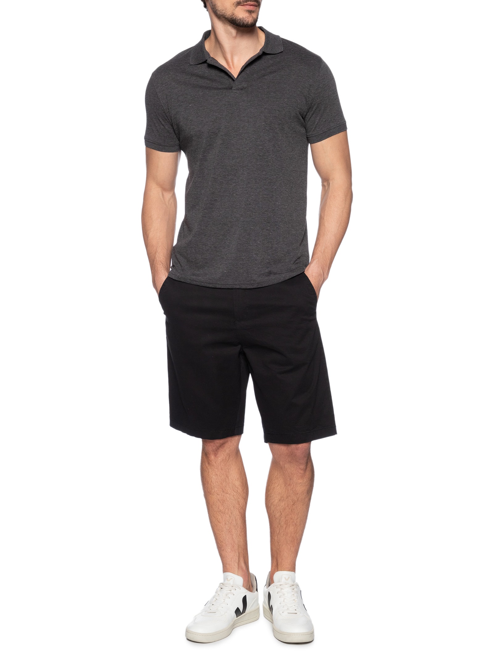 Polo Masculina Piquet Com Botão Básica Cinza Basiq Men