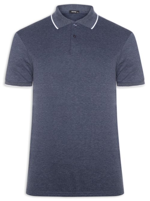 Polo Masculina Piquet Com Botão E Detalhes Filete – Azul