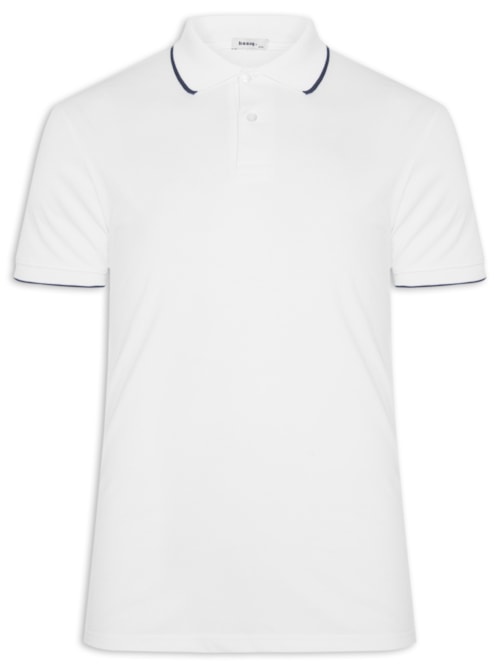 Polo Masculina Piquet Com Botão E Detalhes Filete – Branco