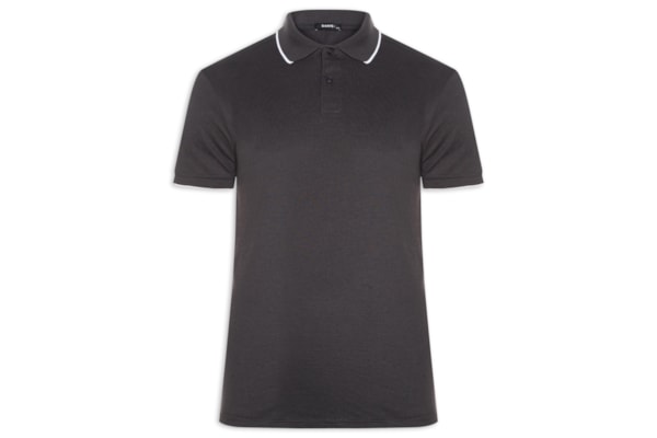 Polo Masculina Piquet Com Botão E Detalhes Filete - Cinza