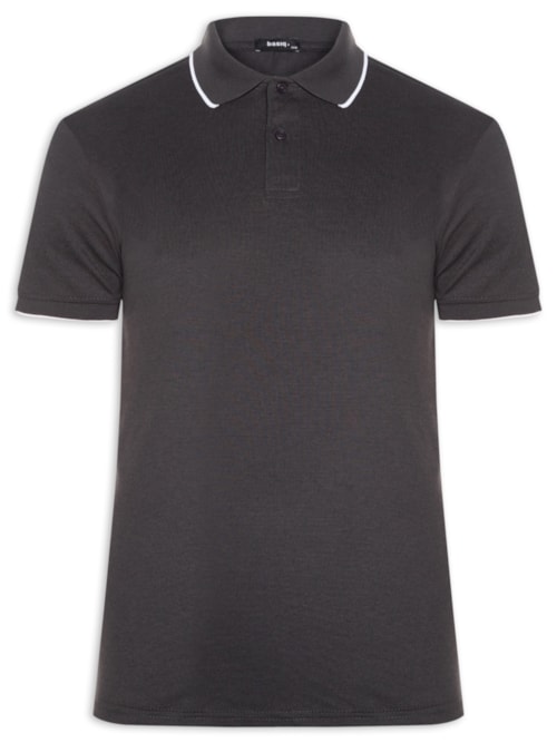 Polo Masculina Piquet Com Botão E Detalhes Filete – Cinza