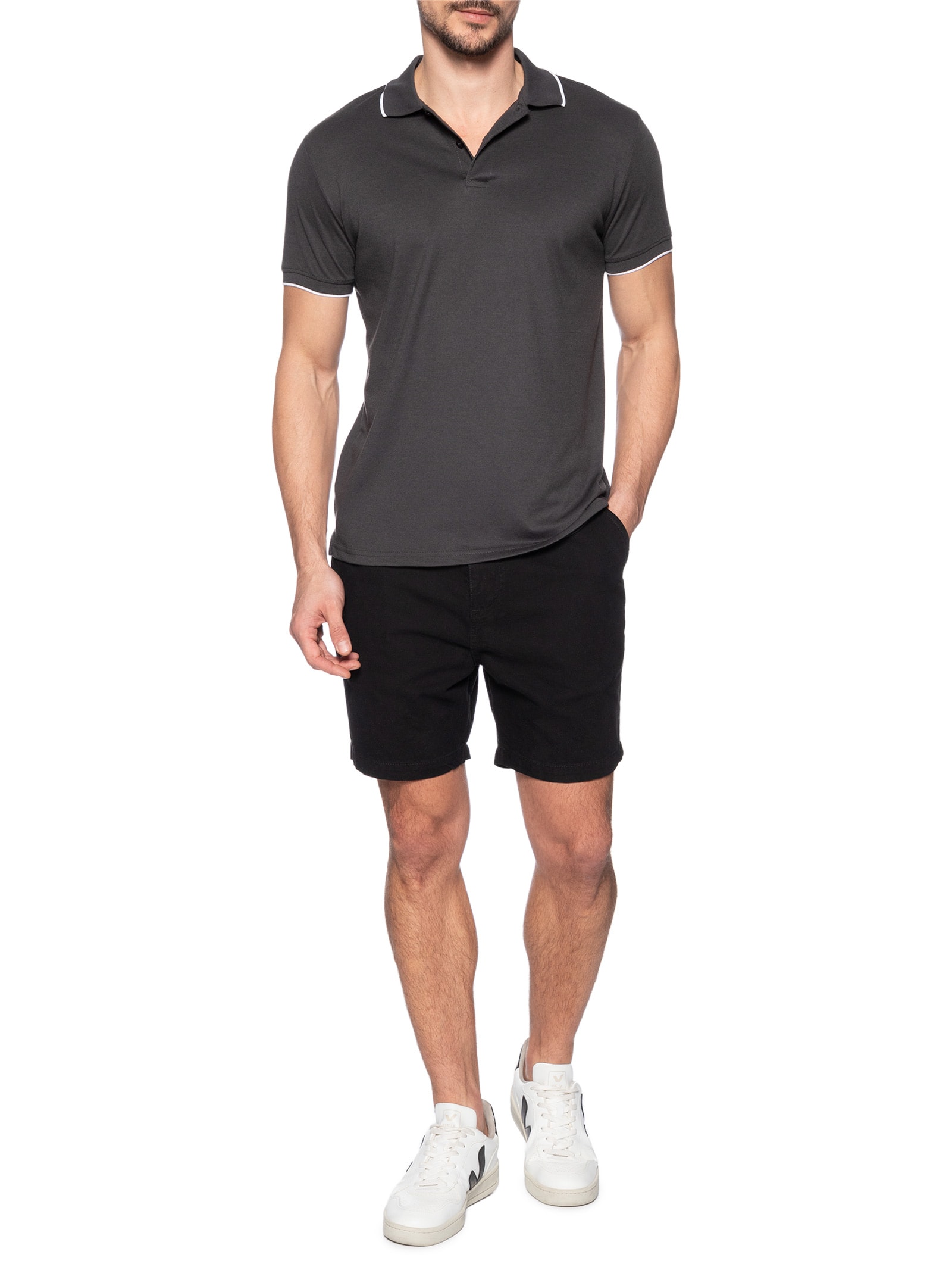 Polo Masculina Piquet Com Botão E Detalhes Filete Cinza Basiq Men