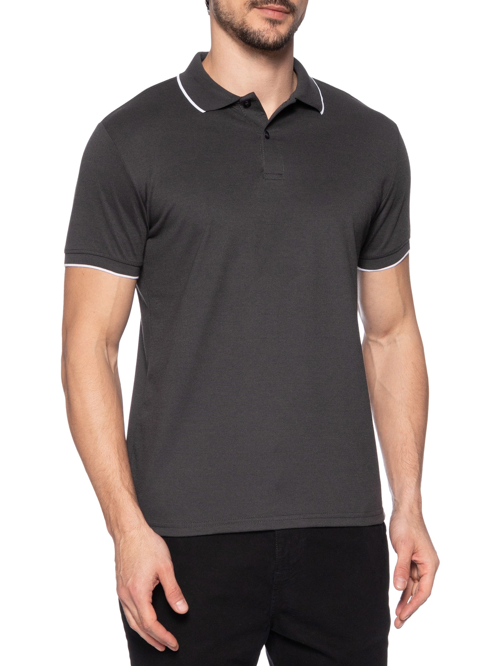 Polo Masculina Piquet Com Botão E Detalhes Filete Cinza Basiq Men