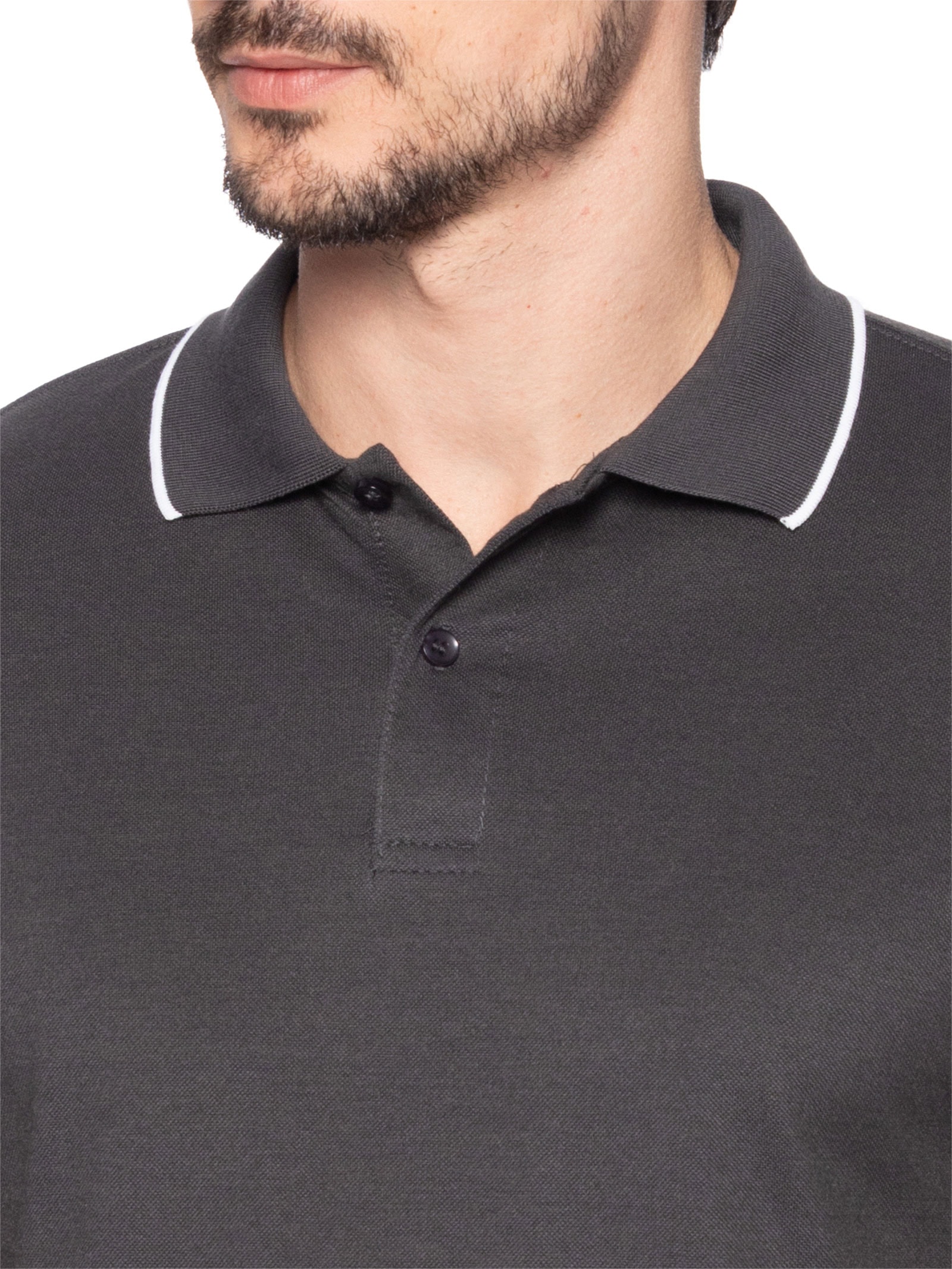 Polo Masculina Piquet Com Botão E Detalhes Filete Cinza Basiq Men