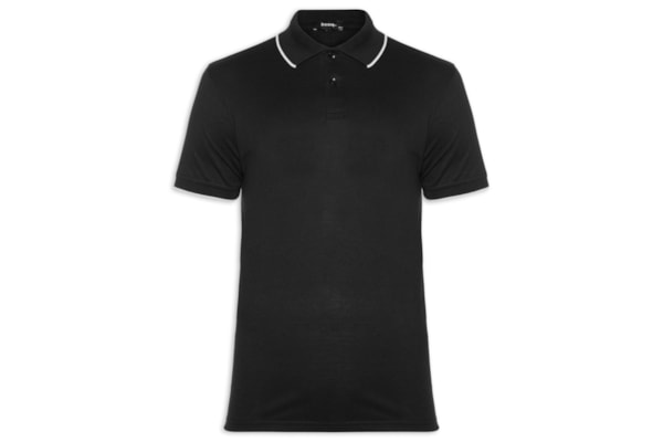 Polo Masculina Piquet Com Botão E Detalhes Filete - Preto