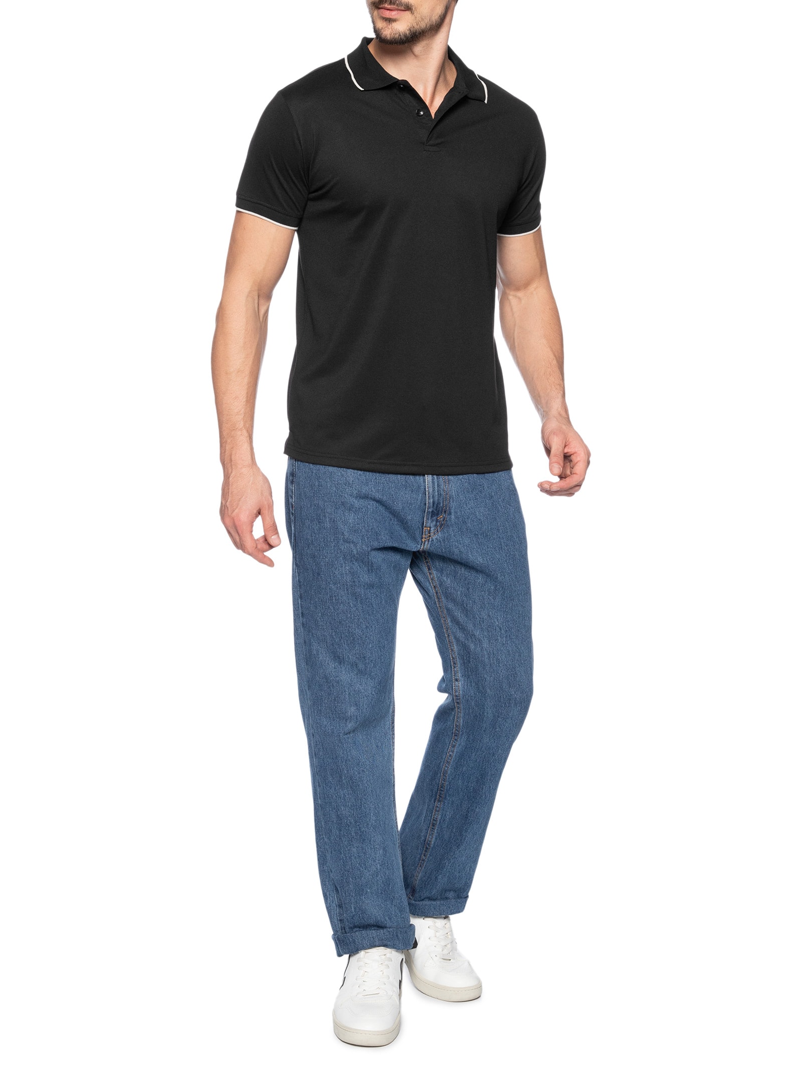 Polo Masculina Piquet Com Botão E Detalhes Filete Preto Basiq Men