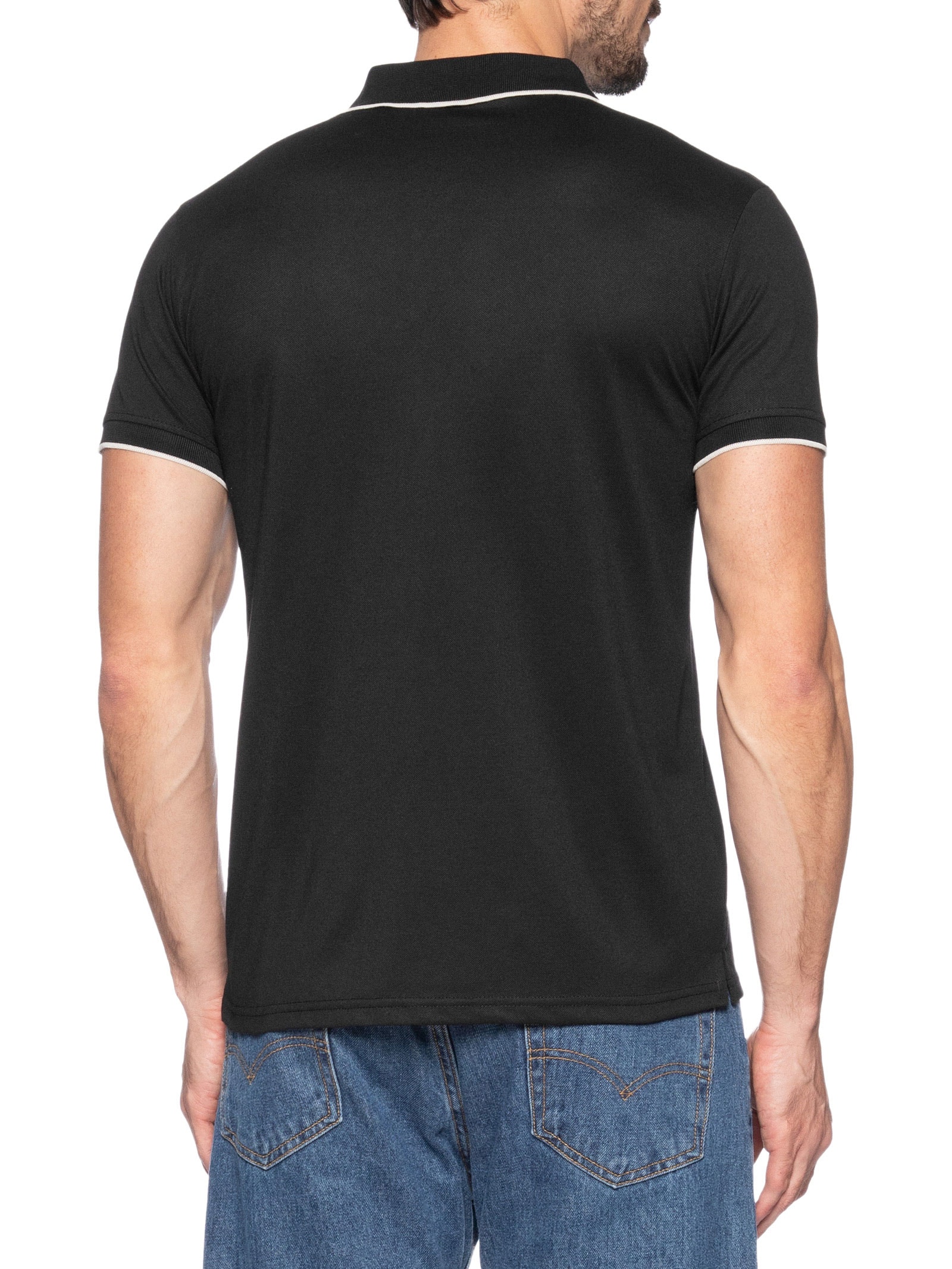 Polo Masculina Piquet Com Botão E Detalhes Filete Preto Basiq Men