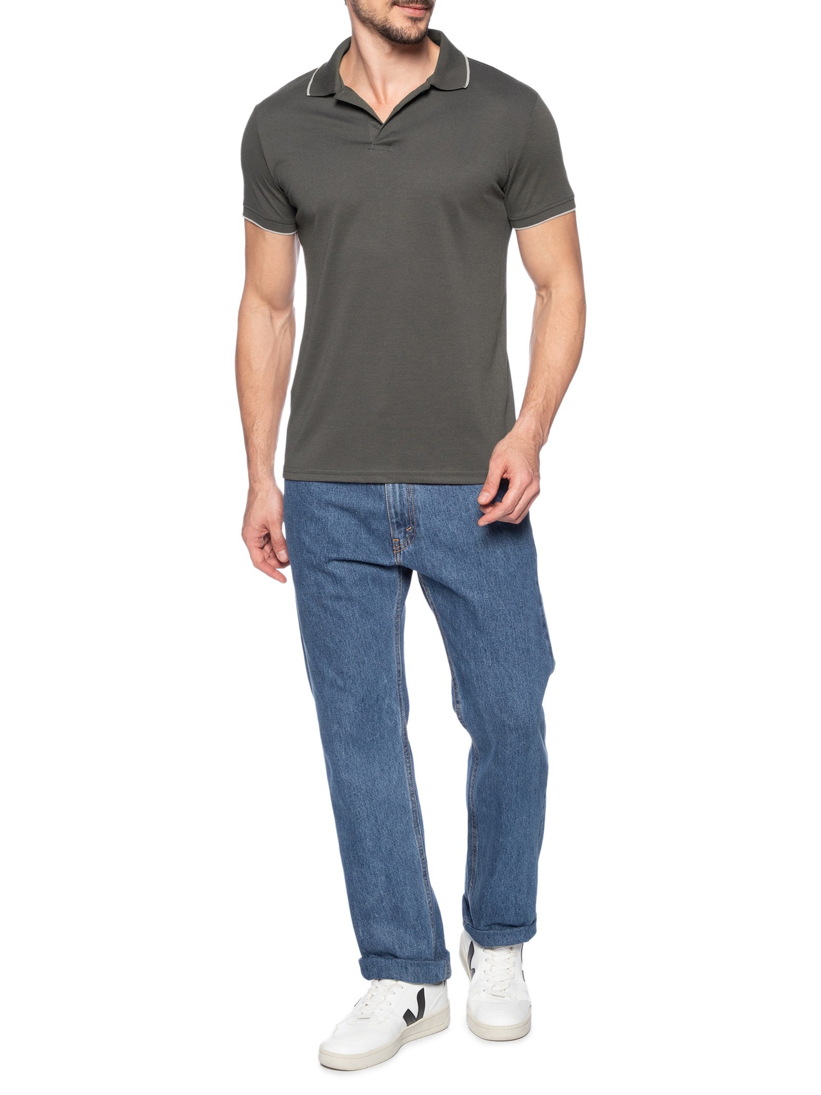  Polo Masculina Piquet Com Botão E Detalhes Filete Verde Basiq Men