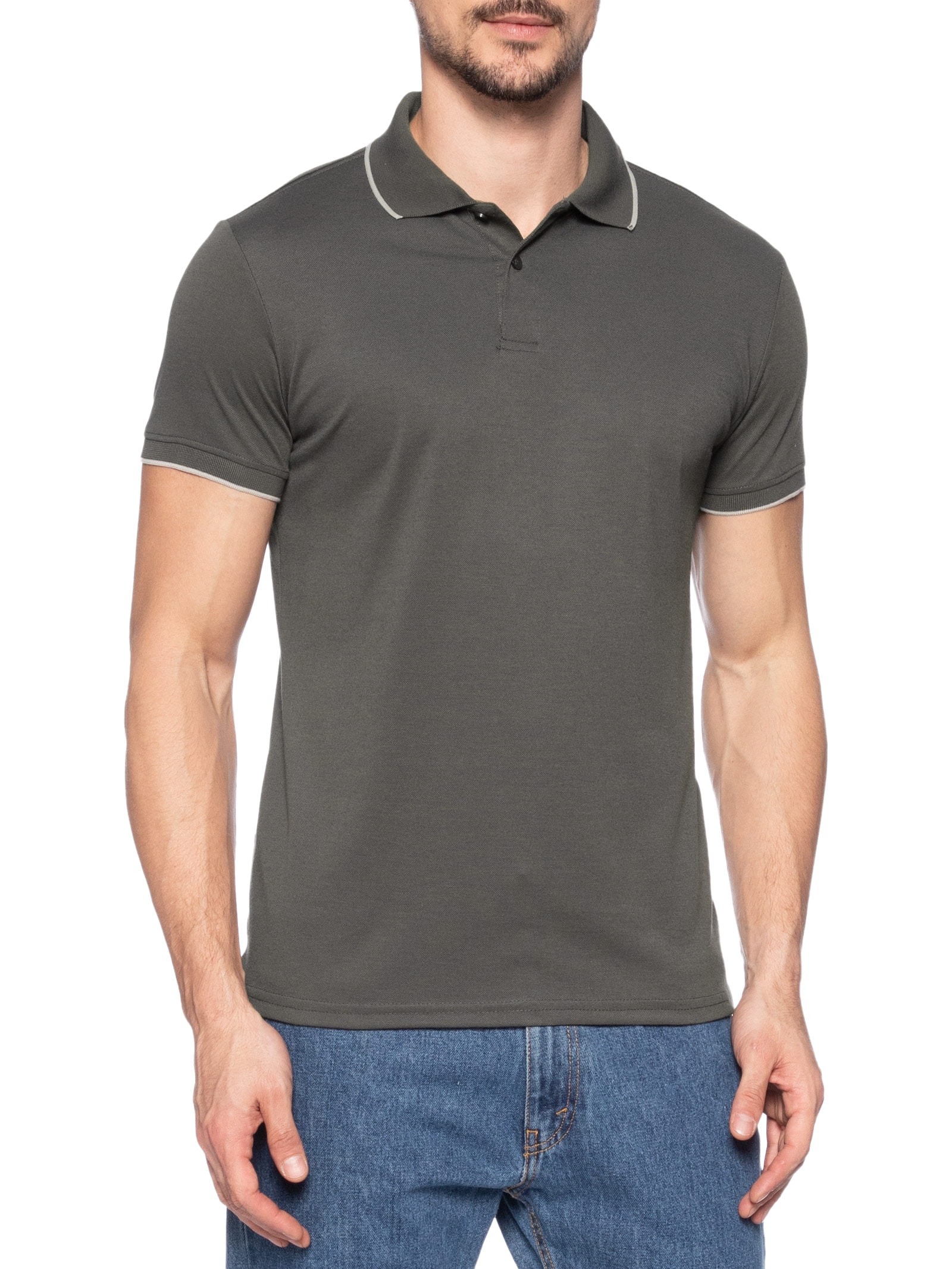  Polo Masculina Piquet Com Botão E Detalhes Filete Verde Basiq Men