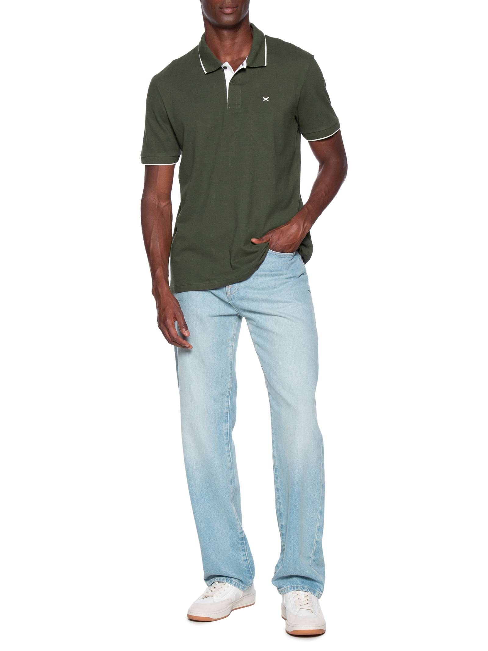 Polo Masculina Piquet Friso Contrastante Verde Hering