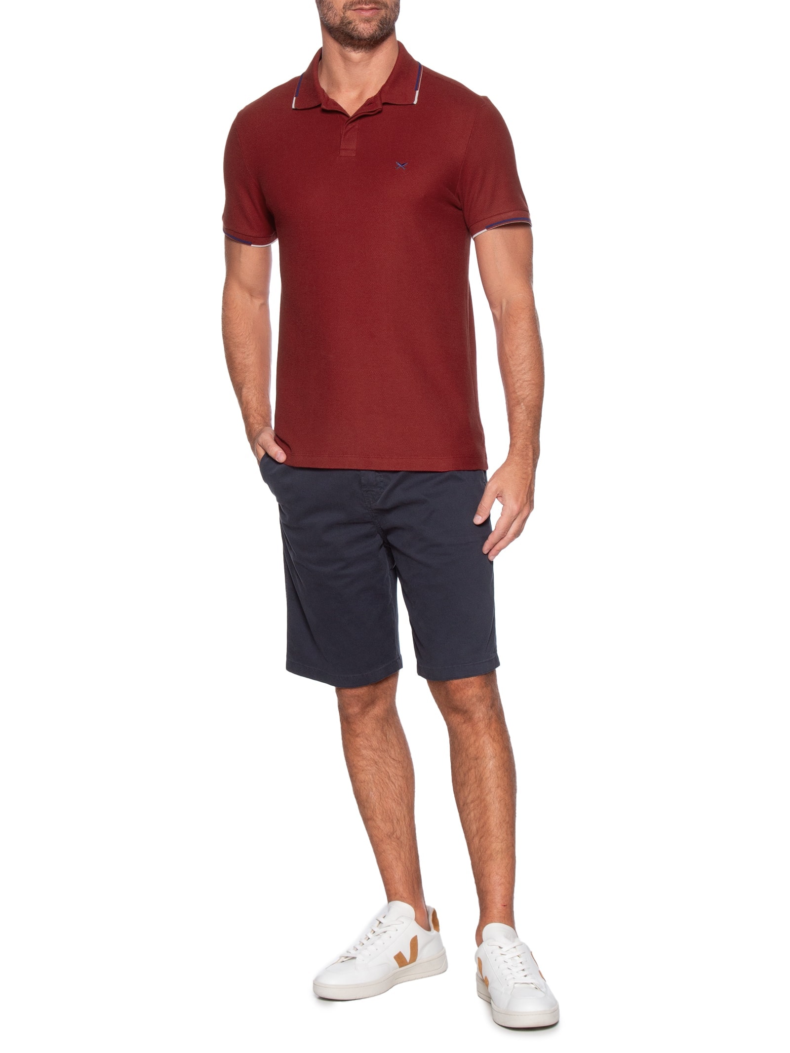 Polo Masculina Piquet Friso Contrastante Vermelho Hering