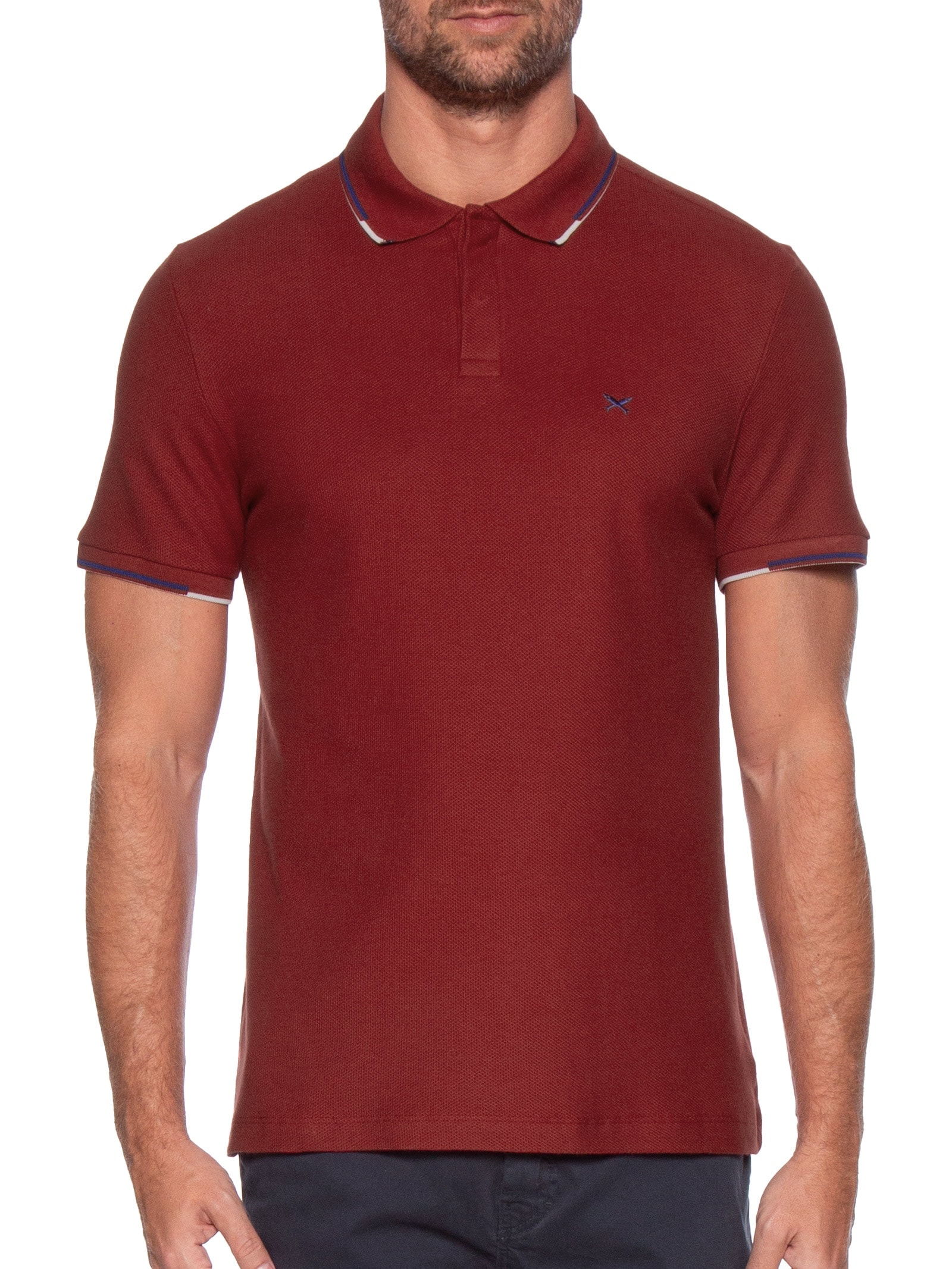 Polo Masculina Piquet Friso Contrastante Vermelho Hering