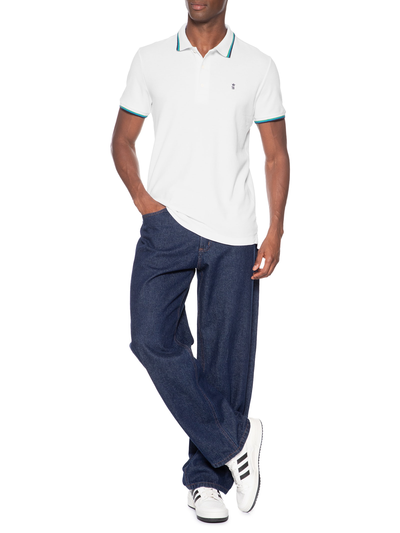 Polo Masculina Piquet Frisos Tricolor Regular Branco Sergio K