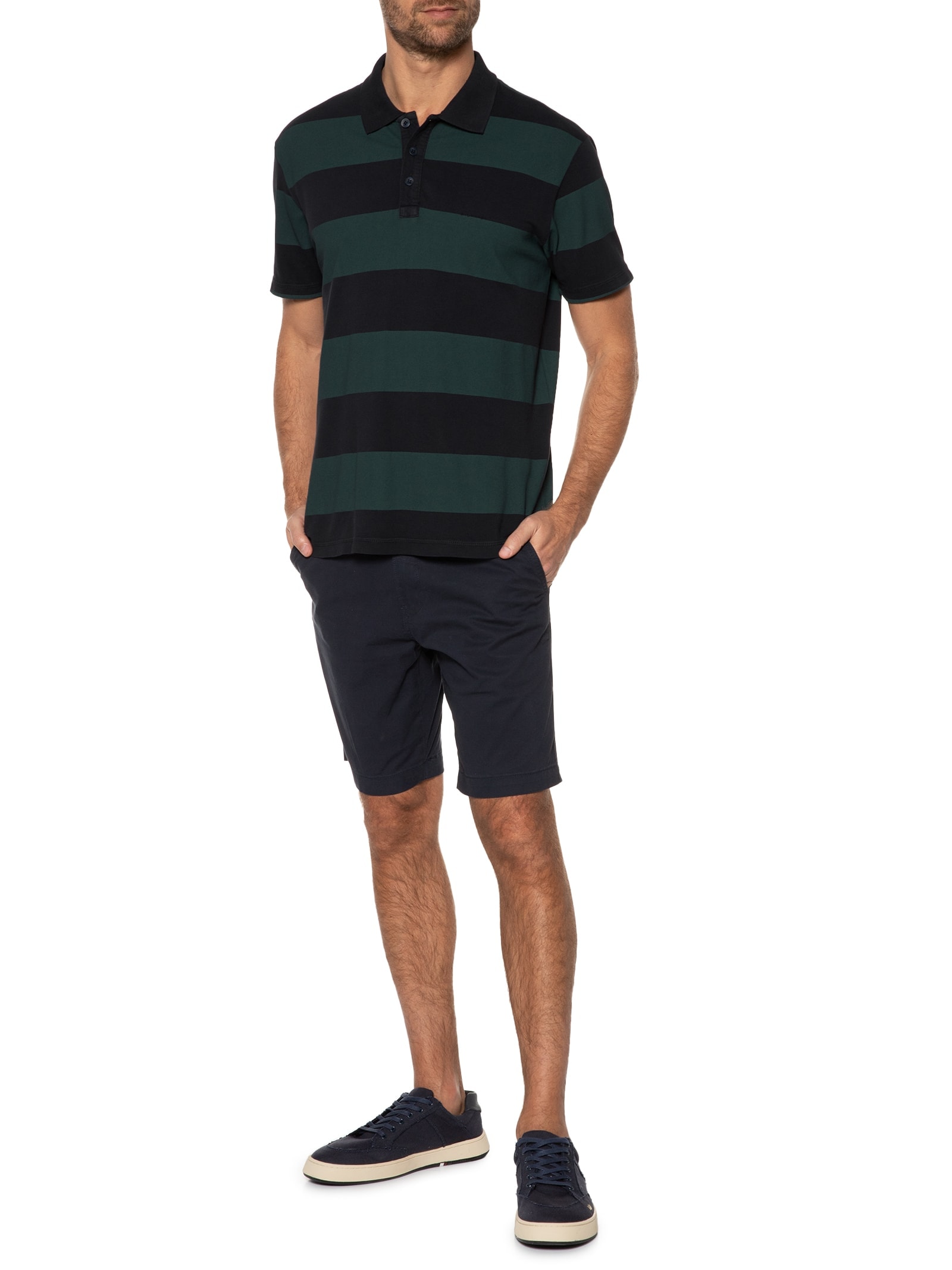 Polo Masculina Piquet Listrada Manga Curta Azul Richards