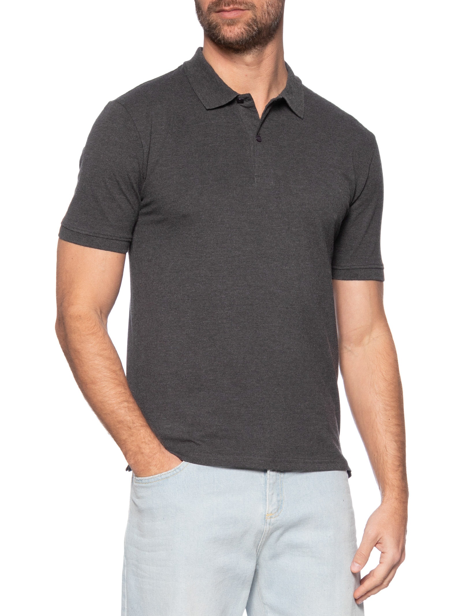 Polo Masculina Piquet Manga Curta Cinza '2 Essential