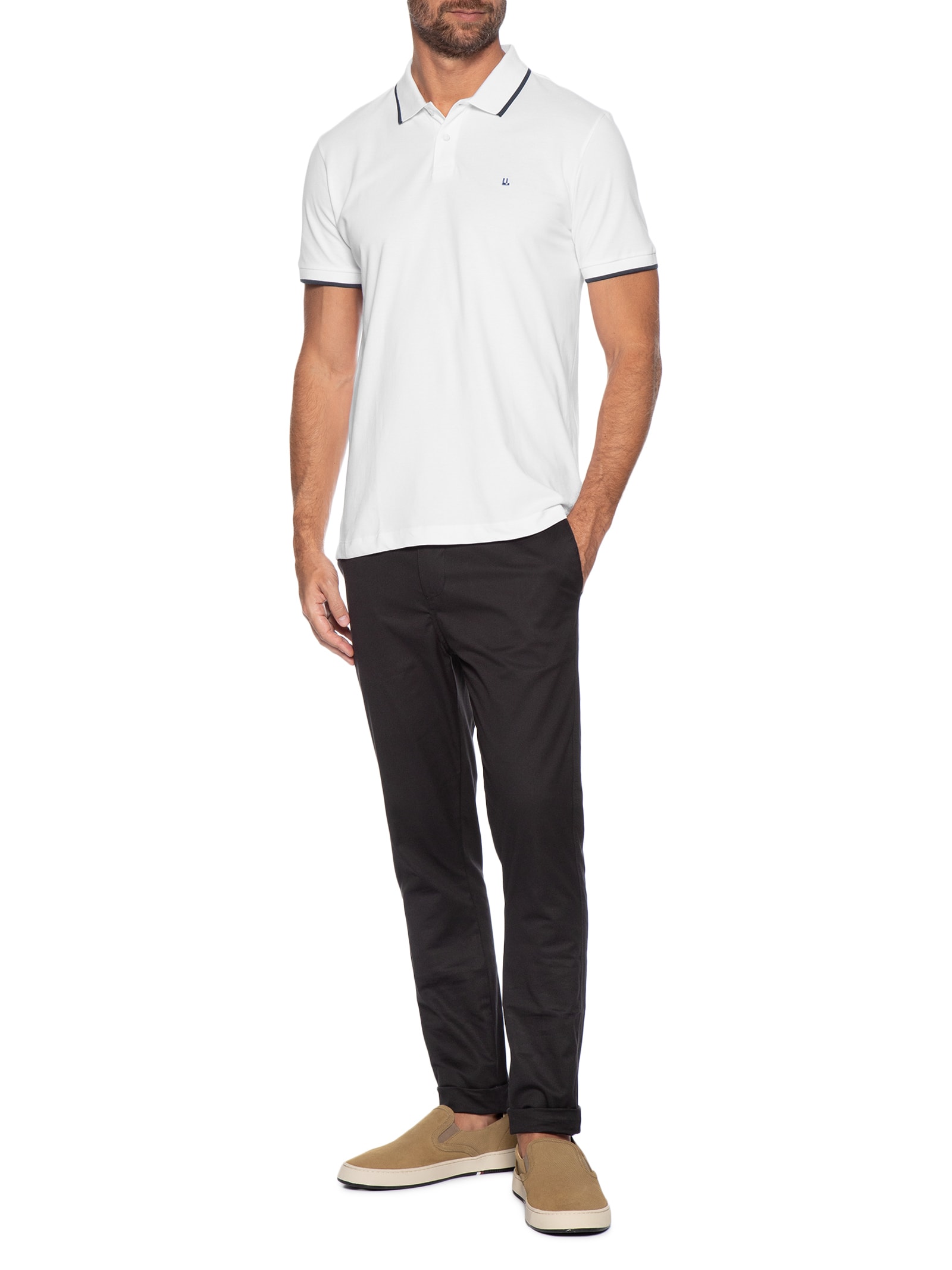 Pólo Masculina Piquet Manga Curta Friso Branco Foxton