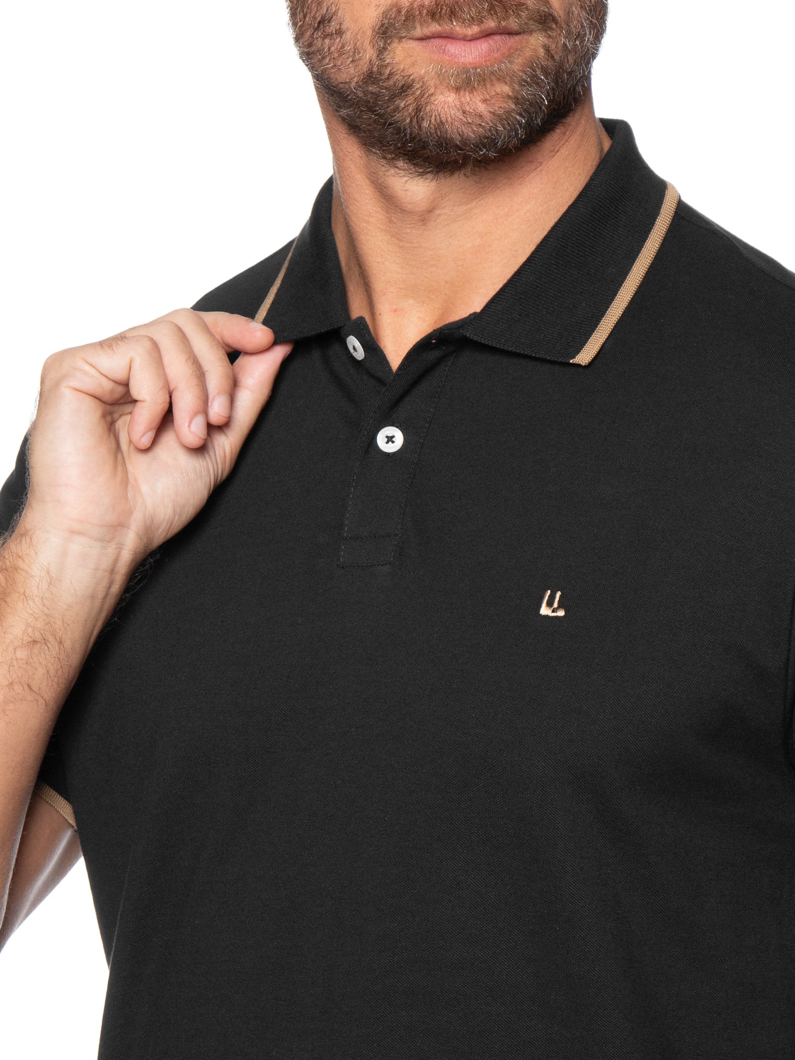 Pólo Masculina Piquet Manga Curta Friso Preto Foxton