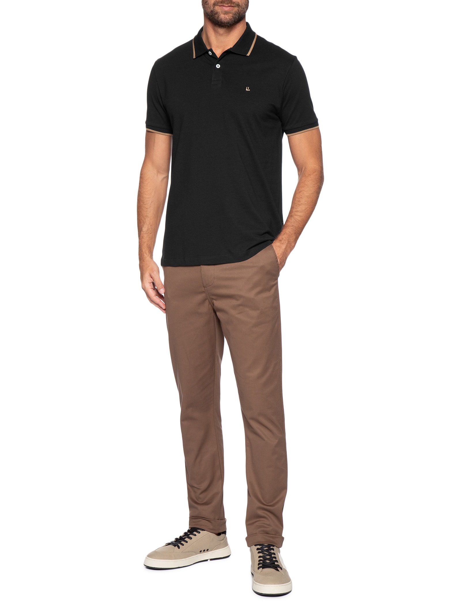 Pólo Masculina Piquet Manga Curta Friso Preto Foxton
