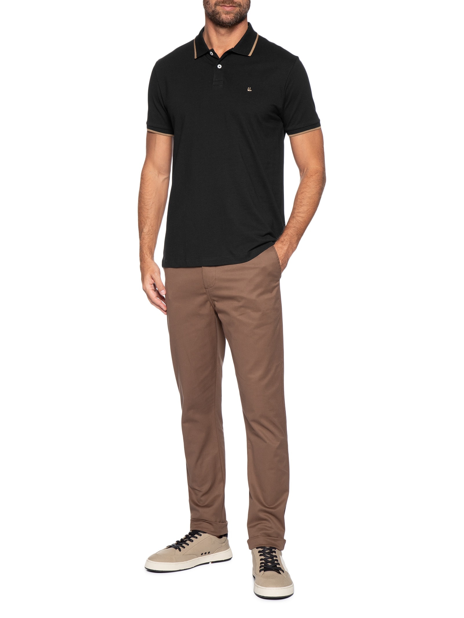 Pólo Masculina Piquet Manga Curta Friso Preto Foxton