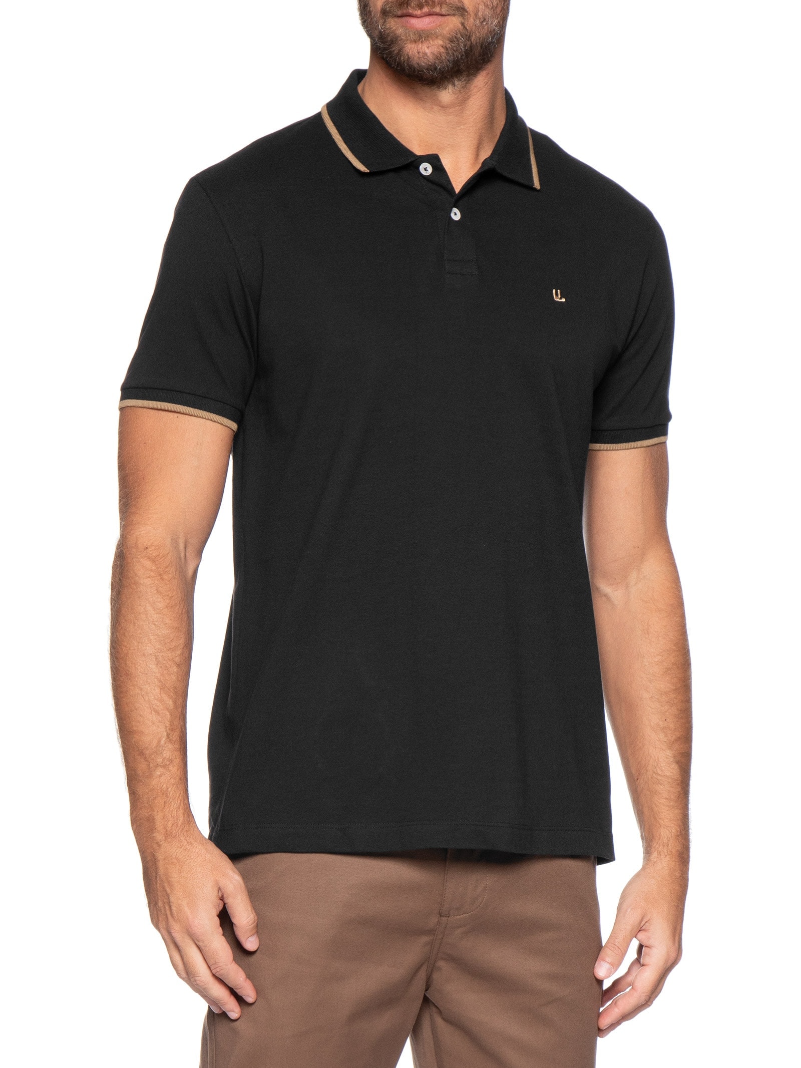 Pólo Masculina Piquet Manga Curta Friso Preto Foxton